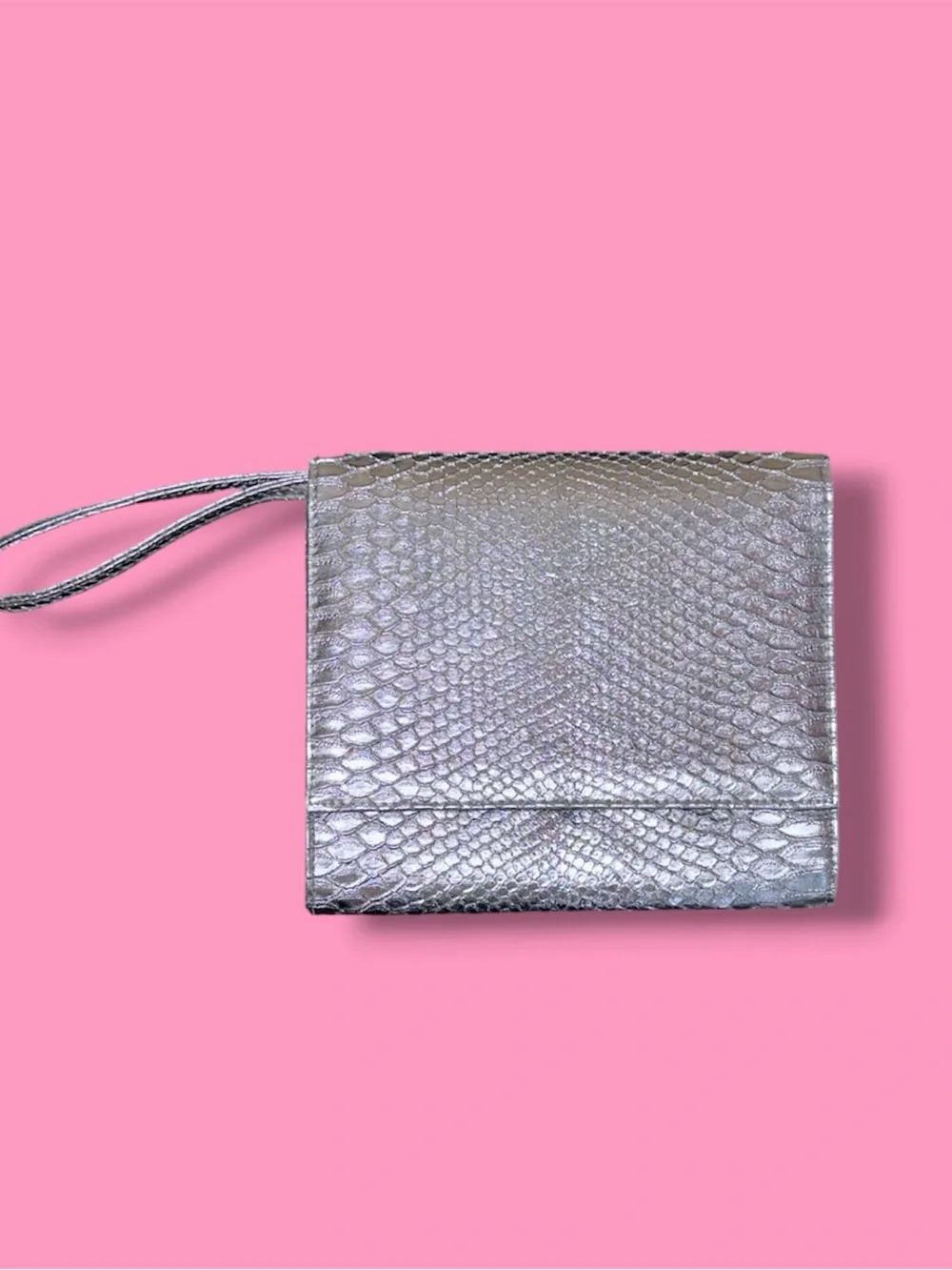 Neiman Marcus Iridescent Pewter Snake-Embossed Wristlet Clutch